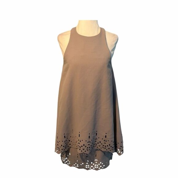 Bec + Bridge Laser Cut Mini Dress Taupe Gray Flowy Layered Knit 2 - Picture 1 of 9